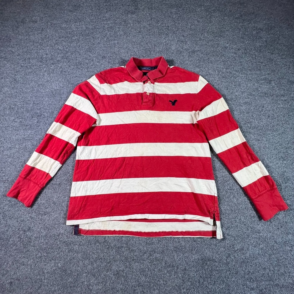 American Eagle Outfitters Polo Shirt Men's L Red Cotton Striped Golf Performance